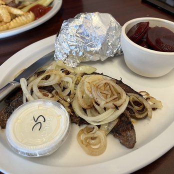 Old Salem Cafe - Liver & Onions, sides of pickled beets (soooo yummy and sweet) and baked potato with a side of sour cream - American Near Me - Marshall, Virginia