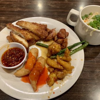 Hibachi Supreme Buffet Casper - Peanut butter chicken, bourbon chicken, Mexican chicken & sweet and sour chicken.  Chili's in oil and bowl of fried rice + green onions. - Buffets Near Me - Casper, Wyoming