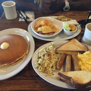 Stacks - Eggs Benedict, pancakes, sausage, eggs, white toast, and coffee. Yum - Breakfast & Brunch Near Me - Burlingame, California