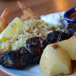 Astoria Shish Kebob House - Pork souvlaki dinner with 3 butterfly shrimp