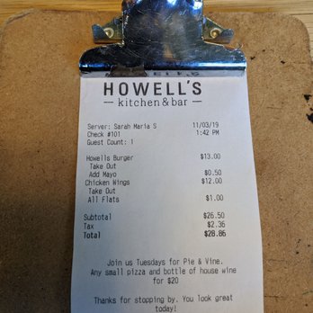 Howell's Kitchen and Bar - Receipt - Pizza Near Me - Atlanta, Georgia
