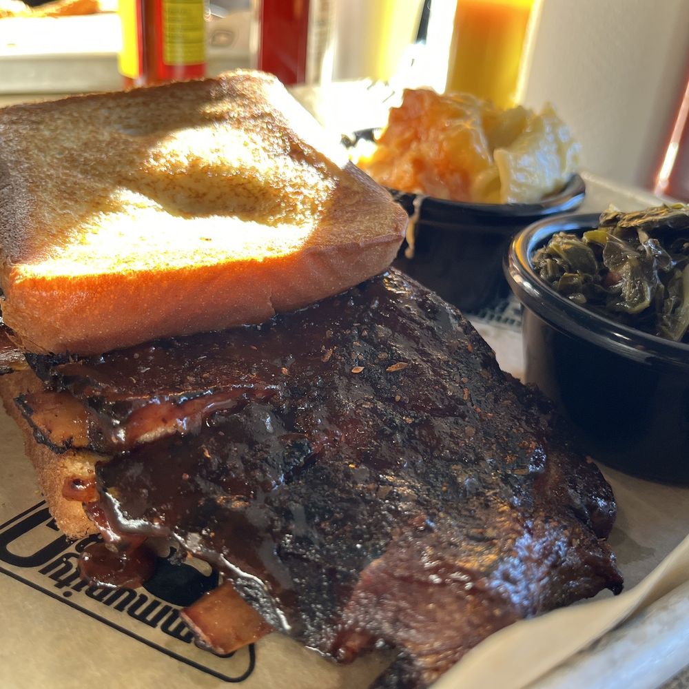 Community Q BBQ - St Louis Style Ribs Sandwich with Two Sides, Collards, & Mac N Cheese. - Barbeque Near Me - Decatur, Georgia