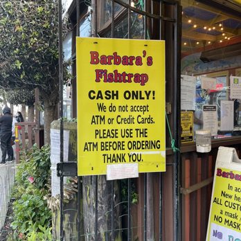 Barbara's Fishtrap - Cash only, but there is an ATM on site. In the middle of the pandemic when places are only doing card transactions? :( - Seafood Near Me - Half Moon Bay, California Barbara's Fishtrap - Cash only, but there is an ATM on site. In the middle of the pandemic when places are only doing card transactions? :( - Seafood Near Me - Half Moon Bay, California