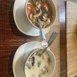Yoong Tong II - Tum Tom Yum Shrimp Soup (with sour tomato syrup) and Tom Kha Gai Soup (with coconut milk)