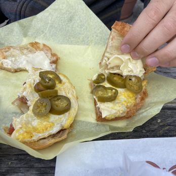 Surfin' Donuts - Jalapeño, bacon, egg, and cheese croissant sandwich - Coffee & Tea Near Me - San Clemente, California Surfin' Donuts - Jalapeño, bacon, egg, and cheese croissant sandwich - Coffee & Tea Near Me - San Clemente, California