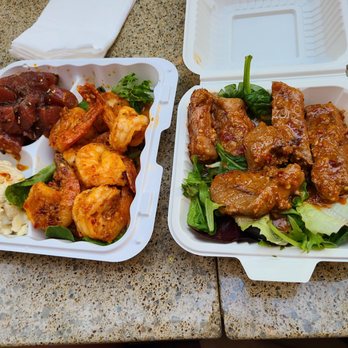 Sam's Kitchen - Garlic shrimp, steak, both in spicy garlic sauce, and poke, with potato salad and bowl of salad under the steak. - Food Stands Near Me - Honolulu, Hawaii Sam's Kitchen - Garlic shrimp, steak, both in spicy garlic sauce, and poke, with potato salad and bowl of salad under the steak. - Food Stands Near Me - Honolulu, Hawaii
