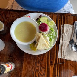 Chicken lemon soup and a Greek salad Chicken lemon soup and a Greek salad