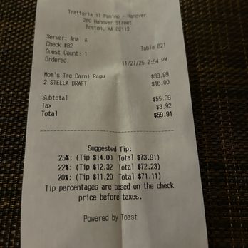 Trattoria Il Panino - Adding tip = 75.00 - Italian Near Me - Boston, Massachusetts