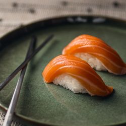 Fusion Sushi - Salmon Nigiri to-go. Amazing melt-in-your-mouth taste. Plated and photographed at home.