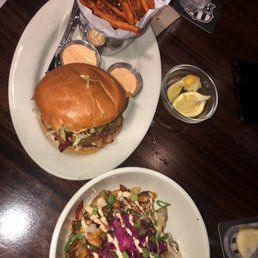 Dragon bowl and smokehouse burger with yam fries Dragon bowl and smokehouse burger with yam fries