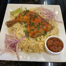 Chicken Mendi (chicken and rice are not hot, but the side of "salsa" was spicy HOT." Chicken Mendi (chicken and rice are not hot, but the side of "salsa" was spicy HOT."