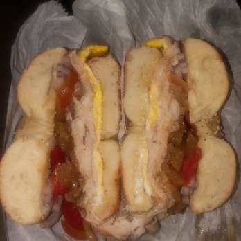 Bagel Experience - Everything bagel with turkey, egg, American cheese with onions and sweet peppers - Bagels Near Me - Brodheadsville, Pennsylvania Bagel Experience - Everything bagel with turkey, egg, American cheese with onions and sweet peppers - Bagels Near Me - Brodheadsville, Pennsylvania