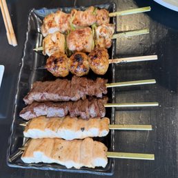negima, chicken meatball, beef, wasabi chicken