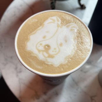 Moore Coffee Shop - Crème de Leche Latte with dog - Coffee & Tea Near Me - Seattle, Washington