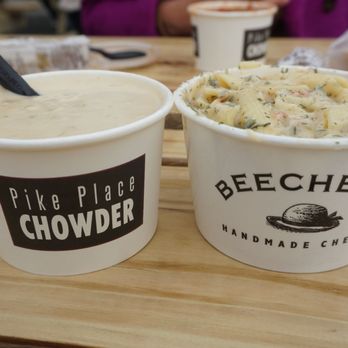 Pike Place Chowder - Seared scallop chowder on the left and Beecher's Mac and cheese on the right - Seafood Near Me - Seattle, Washington Pike Place Chowder - Seared scallop chowder on the left and Beecher's Mac and cheese on the right - Seafood Near Me - Seattle, Washington