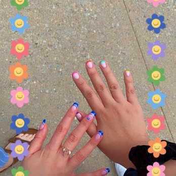 Julie's Nail - Multi colored French tip and Double French tip with Evil Eye design - Nail Salons Near Me - Oakland Garden, New York Julie's Nail - Multi colored French tip and Double French tip with Evil Eye design - Nail Salons Near Me - Oakland Garden, New York