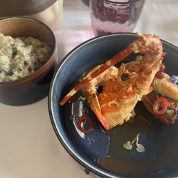 La Langouste - Langustine served with foigras and fig. Side of mash potato and truffle