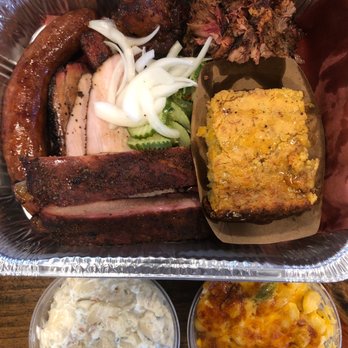 Hurtado Barbecue - El jefe, mexican cornbread, potato salad and hatch Chile Mac and cheese. - Barbeque Near Me - Arlington, Texas Hurtado Barbecue - El jefe, mexican cornbread, potato salad and hatch Chile Mac and cheese. - Barbeque Near Me - Arlington, Texas