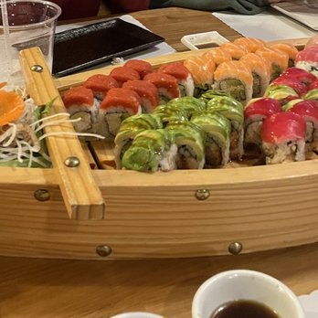 Katana Sushi - Sushi Boat B with just rolls (caterpillar, crunchy crab, rainbow, spicy tuna, Hawaiian,and one other I can't recall with the salmon on top) - Sushi Bars Near Me - San Diego, California