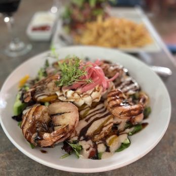 The Gold Vine Bistro - Golden Beet with Grilled Peach and Burrata Salad + shrimp. - New American Near Me - Somerset, California The Gold Vine Bistro - Golden Beet with Grilled Peach and Burrata Salad + shrimp. - New American Near Me - Somerset, California