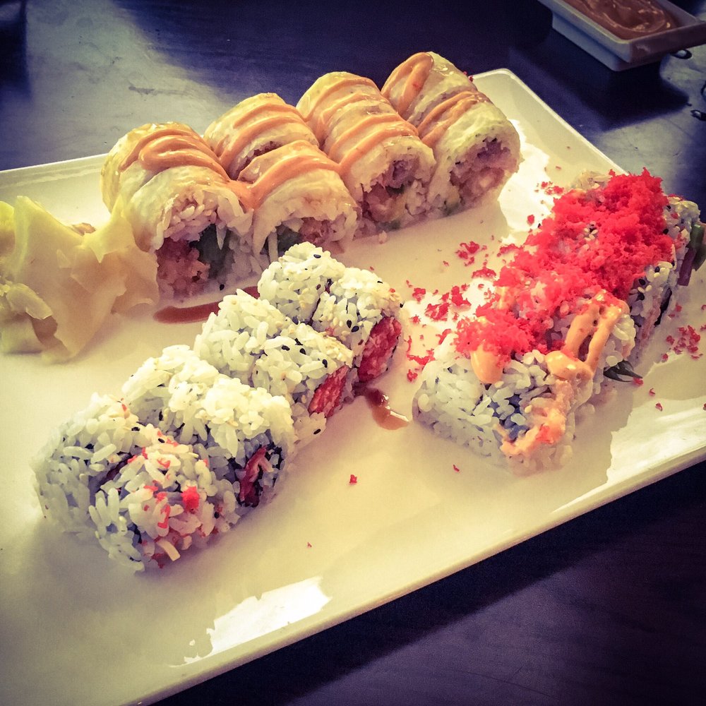 Sushi Mido - Samari Roll (back), Crunchy Crab Roll (left) and Tornado Roll (right) - Japanese Near Me - Shawnee, Kansas Sushi Mido - Samari Roll (back), Crunchy Crab Roll (left) and Tornado Roll (right) - Japanese Near Me - Shawnee, Kansas