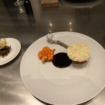 Alinea - Main 1/2: lamb, beef sausage, side of fig salad - New American Near Me - Chicago, Illinois