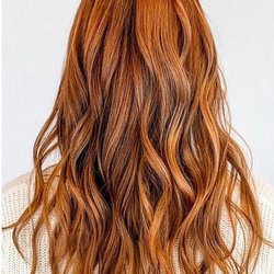 Isabelle Francis Salon - Red Balayage hair dye. Long curly blow out. PPD and ammonia free.