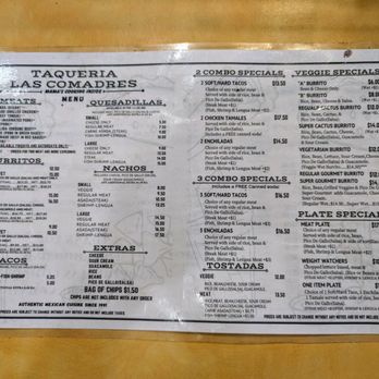Taqueria Las Comadres - Menu. Page 1 of 2. Meats, Burritos, Tacos, Quesadillas, Nachos, Extras, Combos, Tostadas, Veggie Specials, Plate Specials. - Mexican Near Me - Oakland, California Taqueria Las Comadres - Menu. Page 1 of 2. Meats, Burritos, Tacos, Quesadillas, Nachos, Extras, Combos, Tostadas, Veggie Specials, Plate Specials. - Mexican Near Me - Oakland, California