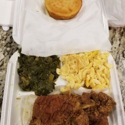 Destiny On The One - Fried Pork Chop Plate with Collard Greens, Mac and Cheese, and Cornbread