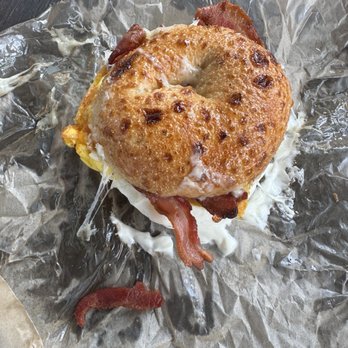 Big Doms Bagel Shop - bacon egg & cheese + cream cheese on a plain bagel - Coffee & Tea Near Me - Cary, North Carolina