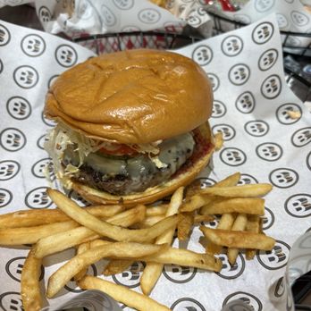 BurgerBarr - Kobe burger put together the fries come in basket I threw a few on plate for the picture - American Near Me - Sewell, New Jersey BurgerBarr - Kobe burger put together the fries come in basket I threw a few on plate for the picture - American Near Me - Sewell, New Jersey