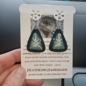 The Artisan Market at 305 - Earrings made from Emu eggs. Lightweight and quite pretty. - Jewelry Near Me - Durham, North Carolina The Artisan Market at 305 - Earrings made from Emu eggs. Lightweight and quite pretty. - Jewelry Near Me - Durham, North Carolina