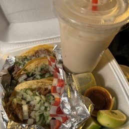 Carnitas tacos and horchata Soooo good Carnitas tacos and horchata Soooo good