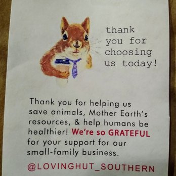 Loving Hut Southern - Where else can you get a thank you note with a tie wearing, coffee drinking squirrel on it? ;) - Vegan Near Me - Tempe, Arizona