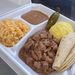 Daniel's Scratch Kitchen - Carne Guisada Plate $12
Stewed beef with potato salad, rice, and refried beans, 3 flour tortillas and a jalapeño.