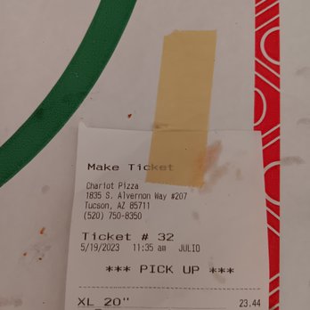 Chariot Pizza - the receipt for the pizza - Pizza Near Me - Tucson, Arizona