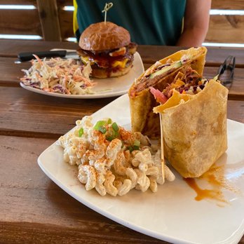 Hop N Cork - Cowboy burger w/ house made coleslaw and Summertime Pork Wrap (seasonal) w/ Mac Salad - Wine Bars Near Me - Lake Oswego, Oregon