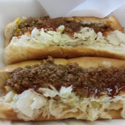 Two hot dogs at Tom's. Two hot dogs at Tom's.