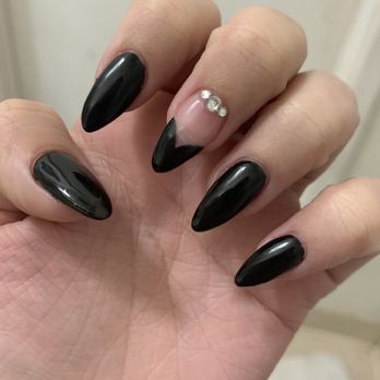 JK Nails - Black acrylic gel almond nails w/ stone - Nail Salons Near Me - Los Angeles, California JK Nails - Black acrylic gel almond nails w/ stone - Nail Salons Near Me - Los Angeles, California