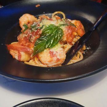 BLK SWAN - Gulf Shrimp & Lump Crab Pomodoro  Bucatini pasta, reggiano, crispy basil, chive oil Popcorn and truffles - New American Near Me - Baltimore, Maryland
