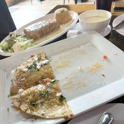 Mexican pizza and seafood chimichanga.