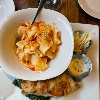 Tree House Cafe - Grilled sea bass, homemade pasta, sautéed spinach. - Mediterranean Near Me - Carmel, California Tree House Cafe - Grilled sea bass, homemade pasta, sautéed spinach. - Mediterranean Near Me - Carmel, California