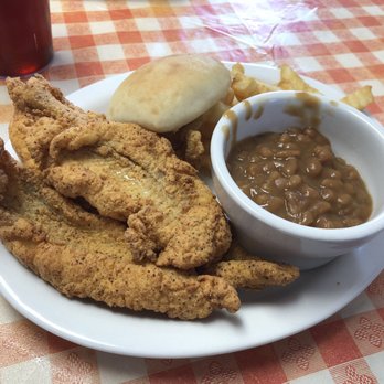 Whistle Stop Cafe - Fried Catfish with French Fries, Baked Beans and a Dinner Roll! So, so good!!! - Cafes Near Me - Wiggins, Mississippi