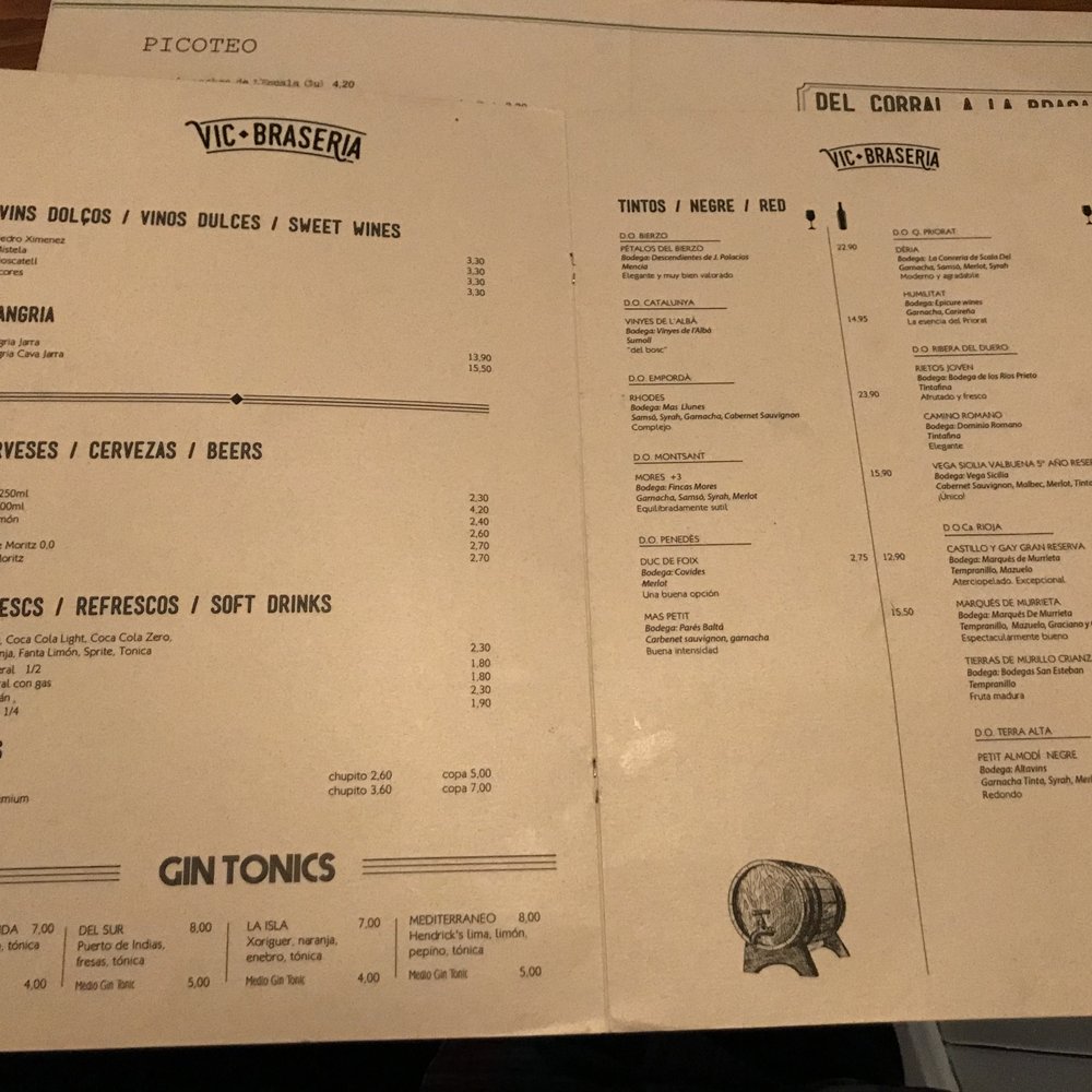 Vic Braseria - Sangria, beer, liqueur menu at Vic Braseria in Barcelona. - Brasseries Near Me - Barcelona, B Vic Braseria - Sangria, beer, liqueur menu at Vic Braseria in Barcelona. - Brasseries Near Me - Barcelona, B