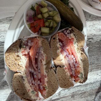 Long Island Bagel Cafe - Novalicious on whole wheat everything bagel and Israeli salad - Bagels Near Me - Boca Raton, Florida Long Island Bagel Cafe - Novalicious on whole wheat everything bagel and Israeli salad - Bagels Near Me - Boca Raton, Florida