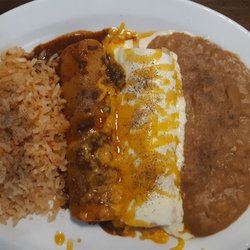 Taqueria San Miguel - Benton Rd - Chicken and beef enchilada with rice and refried beans.