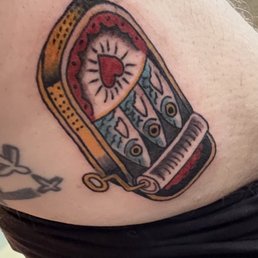 Can of sardines tattoo done by Michael on 6/29/2026 Can of sardines tattoo done by Michael on 6/29/2026