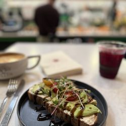 Tellus Coffee - Tuscan Avocado Toast, Latte, and Hibiscus juice