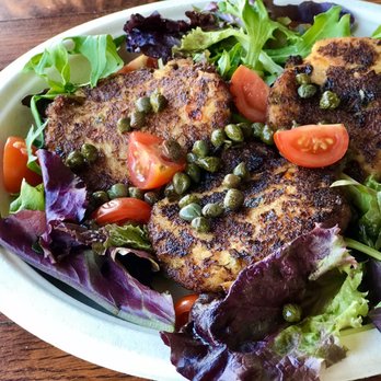 River Front Cafe - Crab cakes with greens, cherry tomatoes, and capers. - Cafes Near Me - Petaluma, California