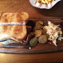 Red Dog Saloon - Combo BBQ sandwich (pulled pork and beef brisket), fried pickles, and coleslaw.